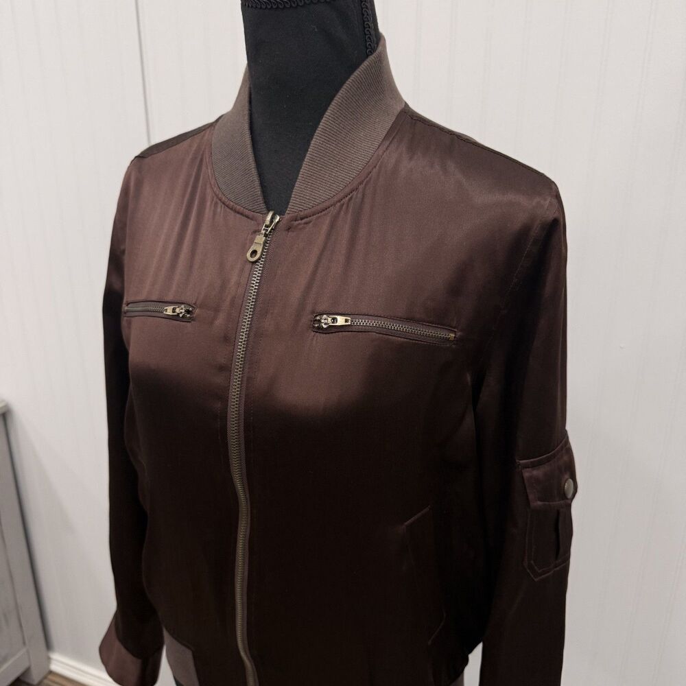 Alexandra Bartlett Women's Brown 100% Silk Full Zip Lightweight Bomber Jacket - Picture 2 of 6